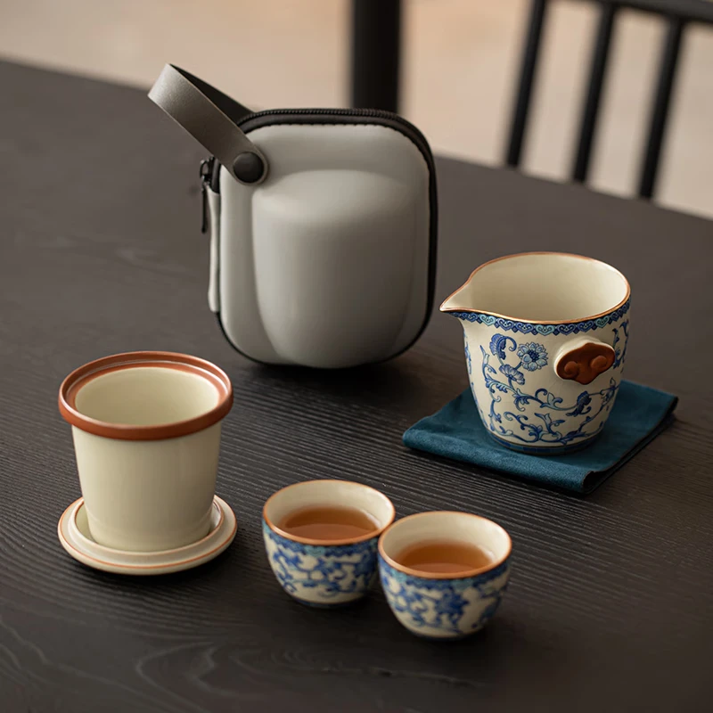 Xiyuan Ji Ru Kiln Travel Tea Set, Ceramic Portable Single Person Tea Set, One pot and Two Cups, Quick Guest Cup, Outdoor Tea Drinking Equipment, Flower and Beige Ru Kiln Tianfu Xiangyun Quick Guest Travel Set thumbnail 7