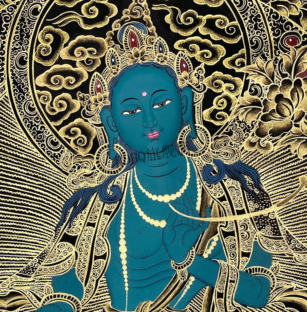 绿度母描金画稿唐卡西藏手绘diy描金唐卡静心减压白描涂色装饰画 黑底