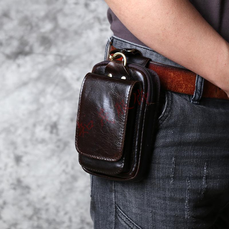品牌复古头层牛皮手机包疯马皮男士穿皮带腰包多功能手机套斜挎腰挂包