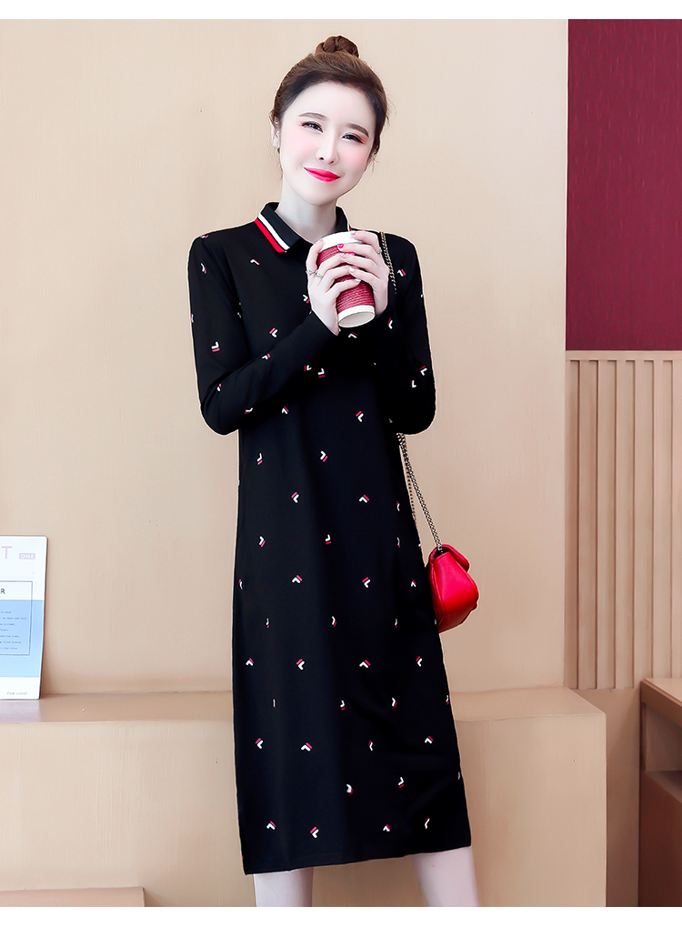贞溪polo领连衣裙女休闲运动春秋印花洋气长袖宽松遮肚显瘦翻领气质中