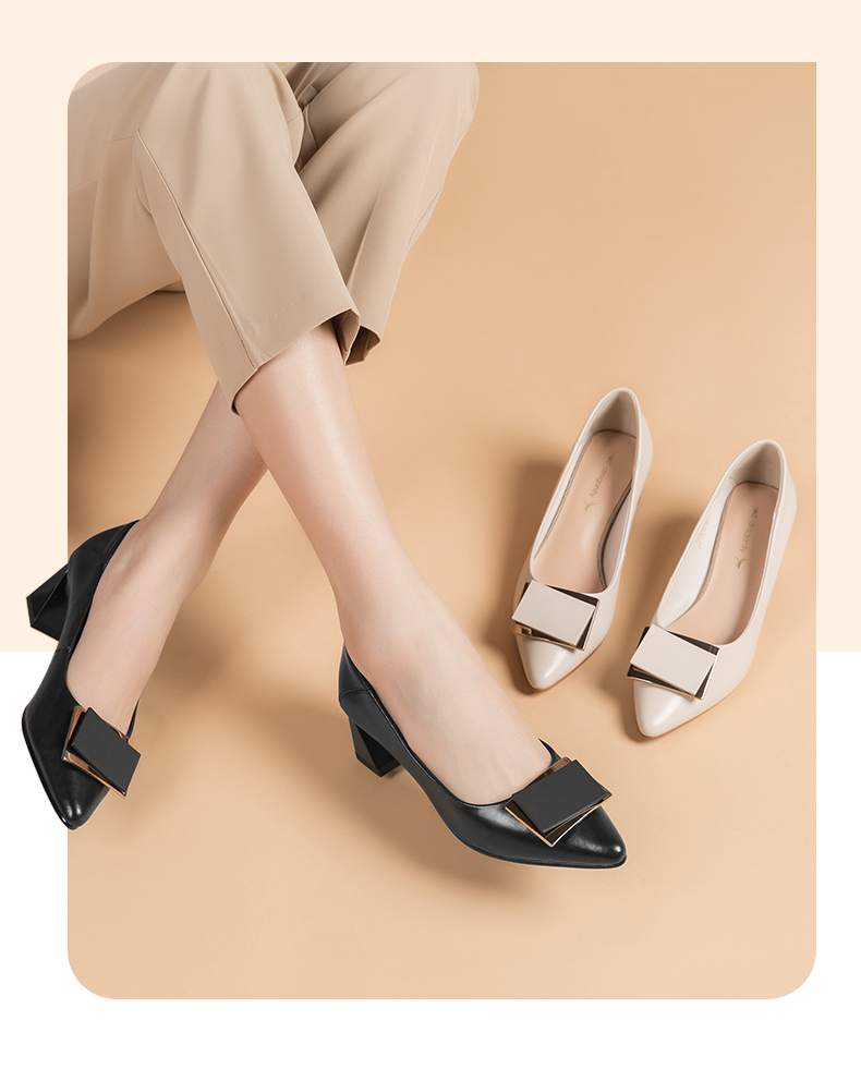 红蜻蜓女鞋2021年秋季新款粗跟高跟鞋女牛皮尖头职业工作小皮鞋女中