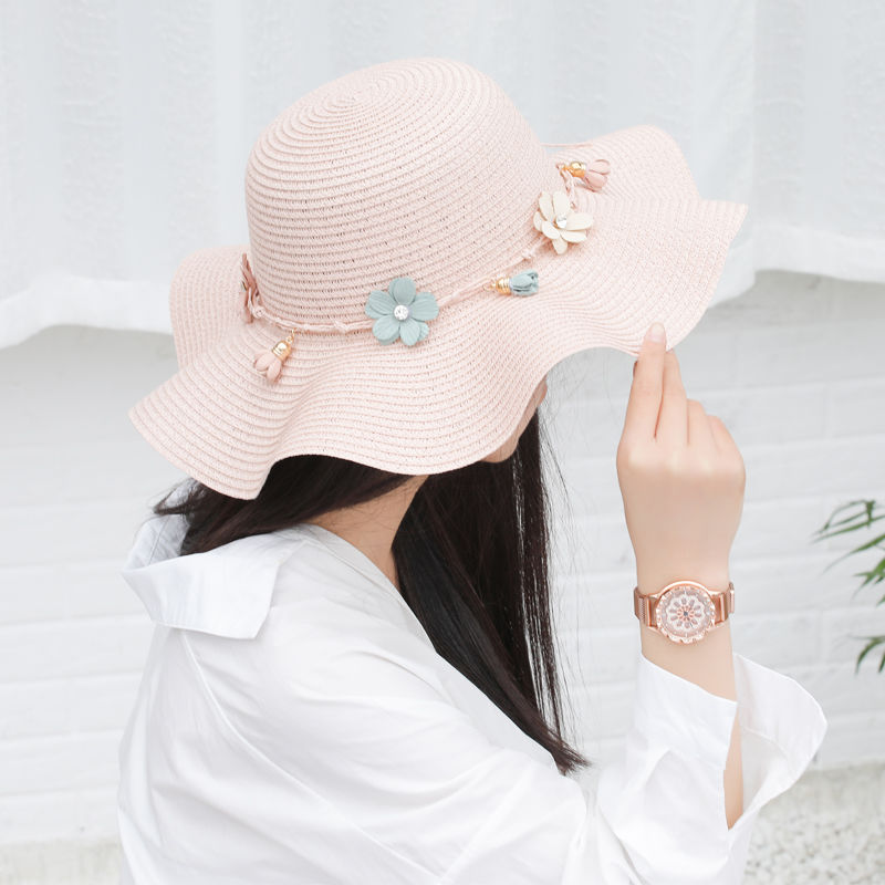 阖萱女生防晒凉帽帽子女夏季太阳帽珍珠帽女生遮阳草帽时尚防晒帽波浪