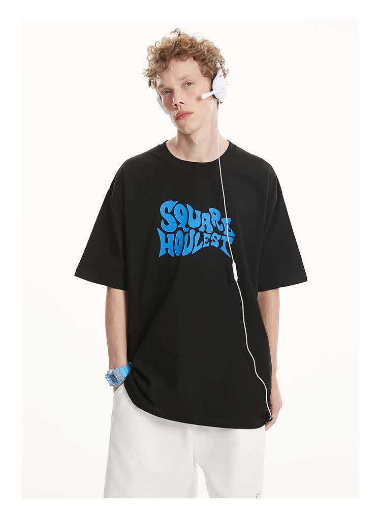 squarehoulest春夏字母龟裂印花短袖复古纯棉男女款式t恤情侣潮黑色