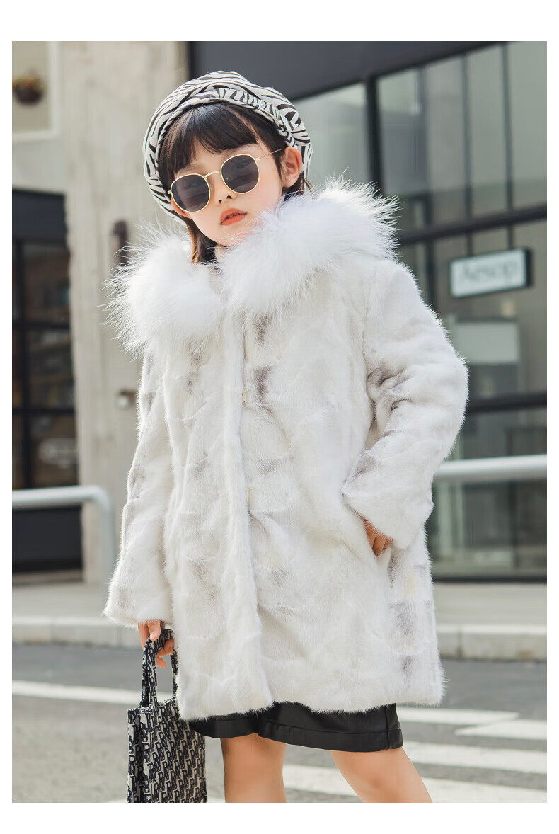 迪士尼【高端轻奢】儿童皮草貂皮大衣女童天鹅绒十字貂中长款水貂毛拼