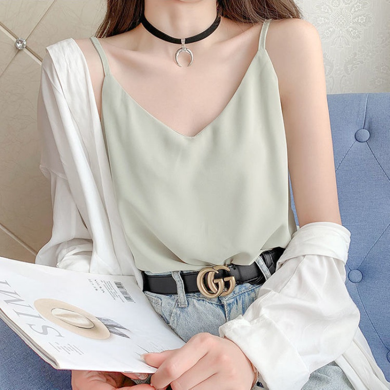 吊带背心女外穿夏季雪纺v字领吊带背心女可调节肩带内搭打底可外穿大