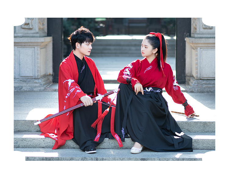 汉服男女同款古装仙鹤绣花交领襦裙武侠风日常情侣古风侠客套装黑衣黑