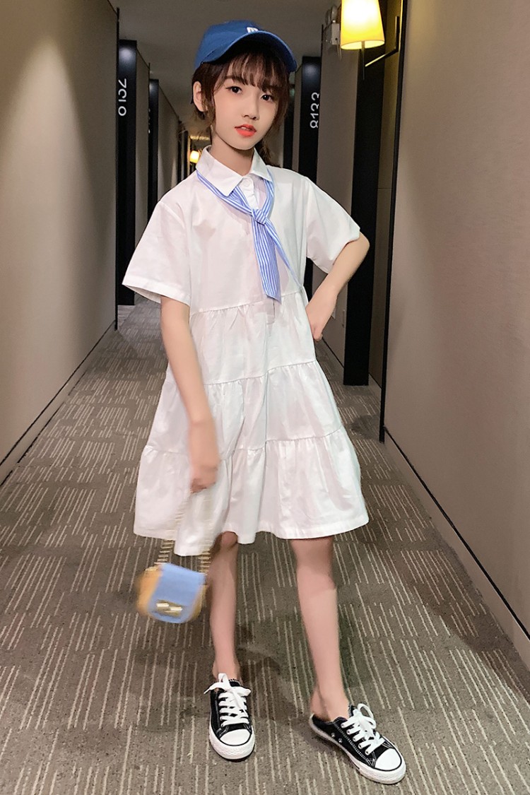 女童连衣裙夏季宽松时尚学院风纯色短袖领带百褶裙315岁女孩夏天穿的