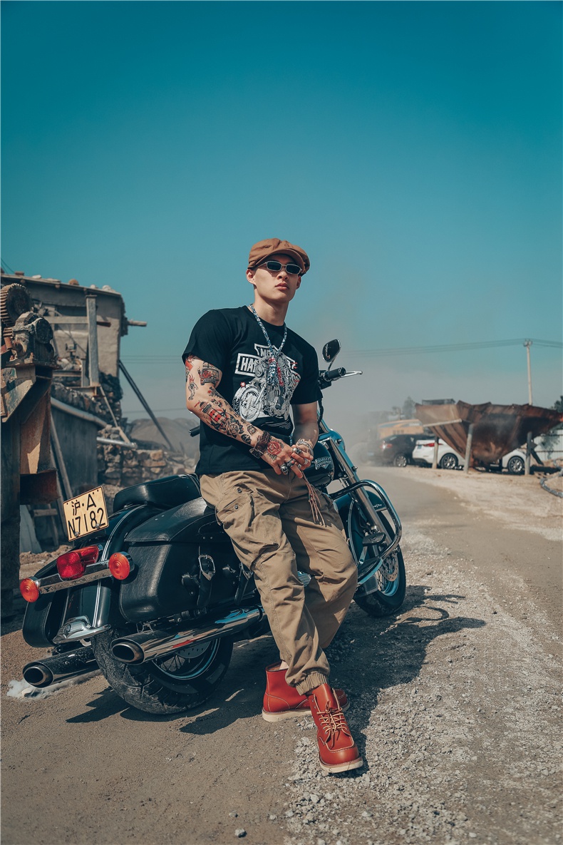 夏季哈雷骑行服装欧美机车短袖t恤男摇滚美式复古健身摩托车水洗印花