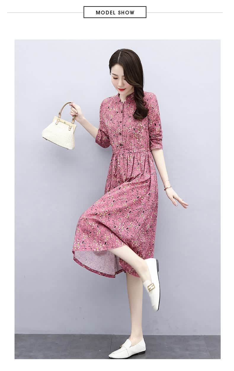 素订女装棉麻连衣裙女中长款2022春装新款韩版印花长裙五分袖宽松文艺