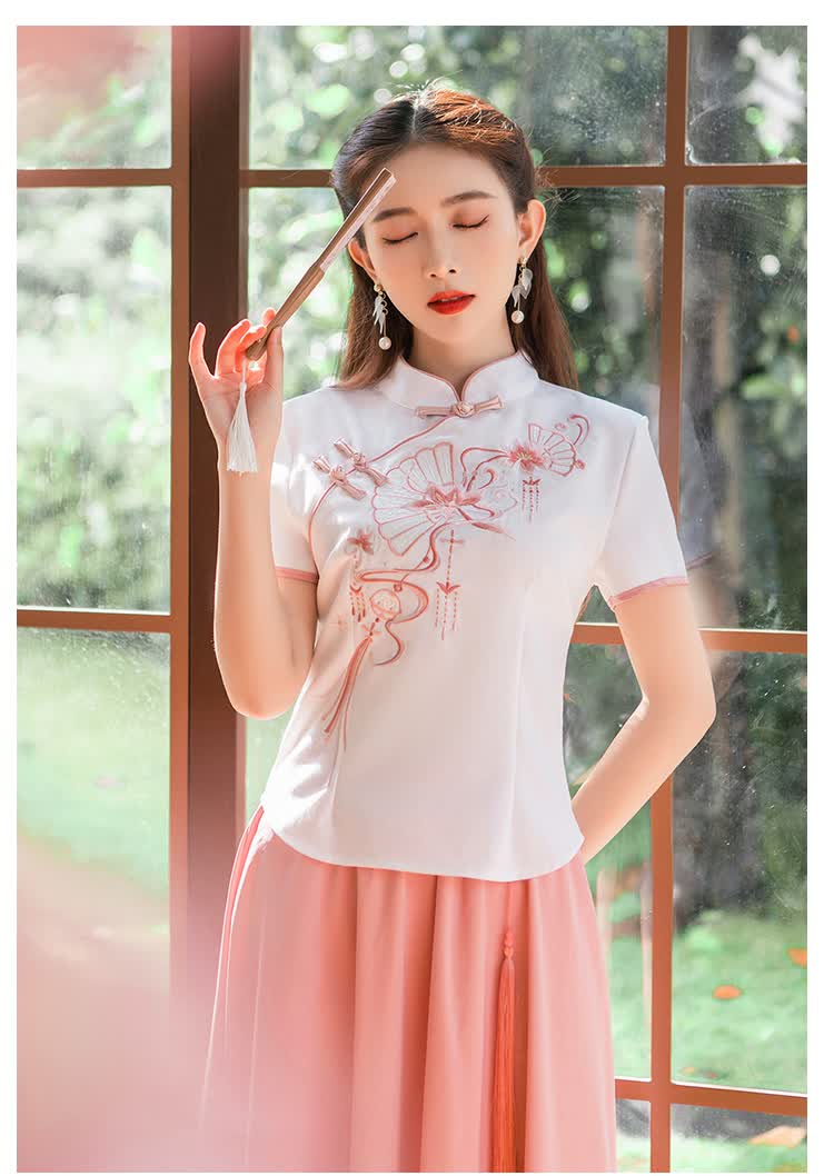 慕芭琪民国风短款旗袍上衣女夏季新款汉服女中国风绣花茶服女唐装改良