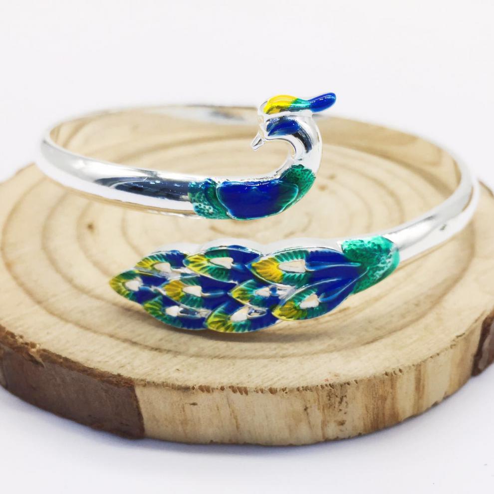 浙饰界孔雀景泰蓝银手镯花丝手工s999足银开口孔雀开屏银镯子女珐琅彩