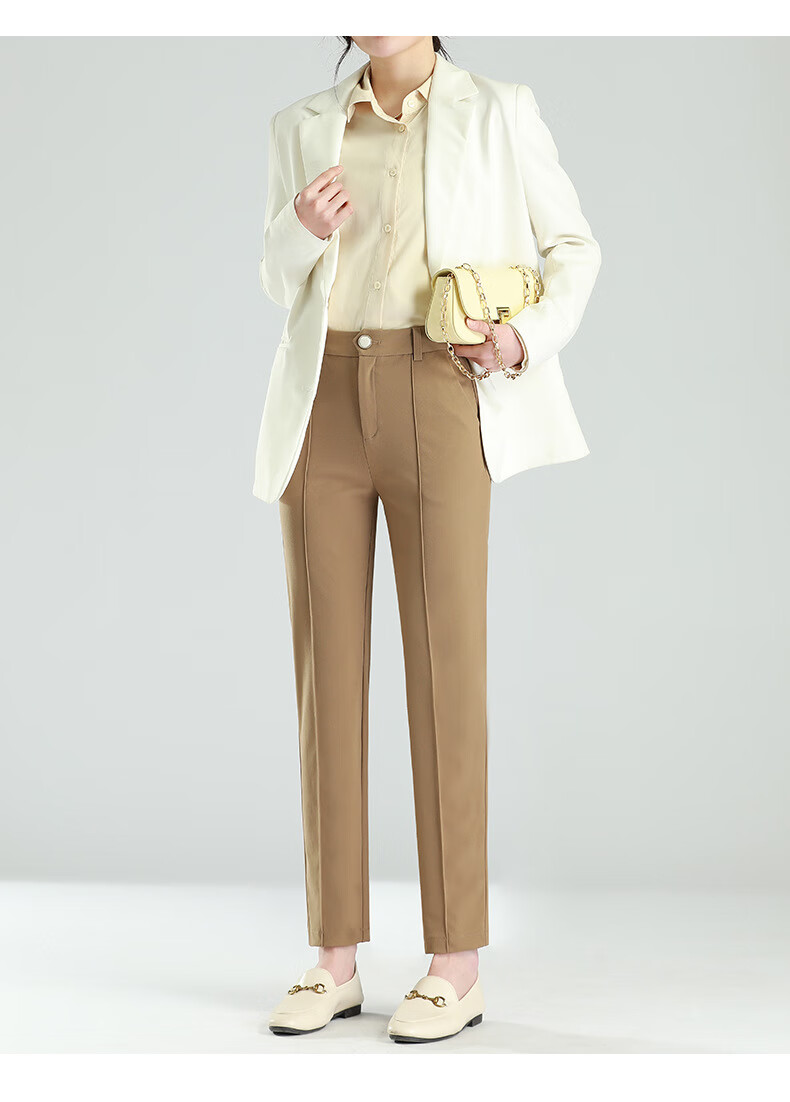 梦舒雅休闲裤女2022春高腰烟管版西裤卡其色九分小直筒显瘦女裤卡色