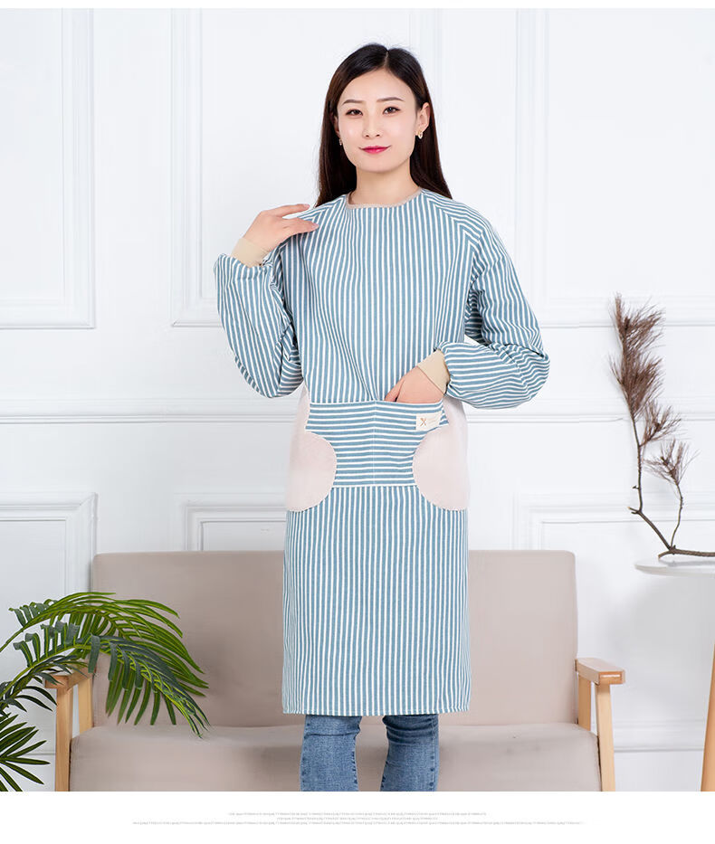 yuhualei棉麻长袖围裙家用厨房反穿罩衣女工作服棉做饭干活穿的衣服围