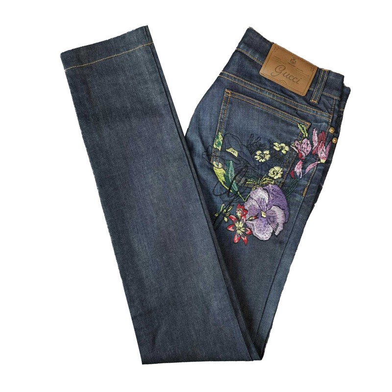 gucci古驰深蓝色刺绣女士牛仔裤手工刺绣工艺ci深蓝色40