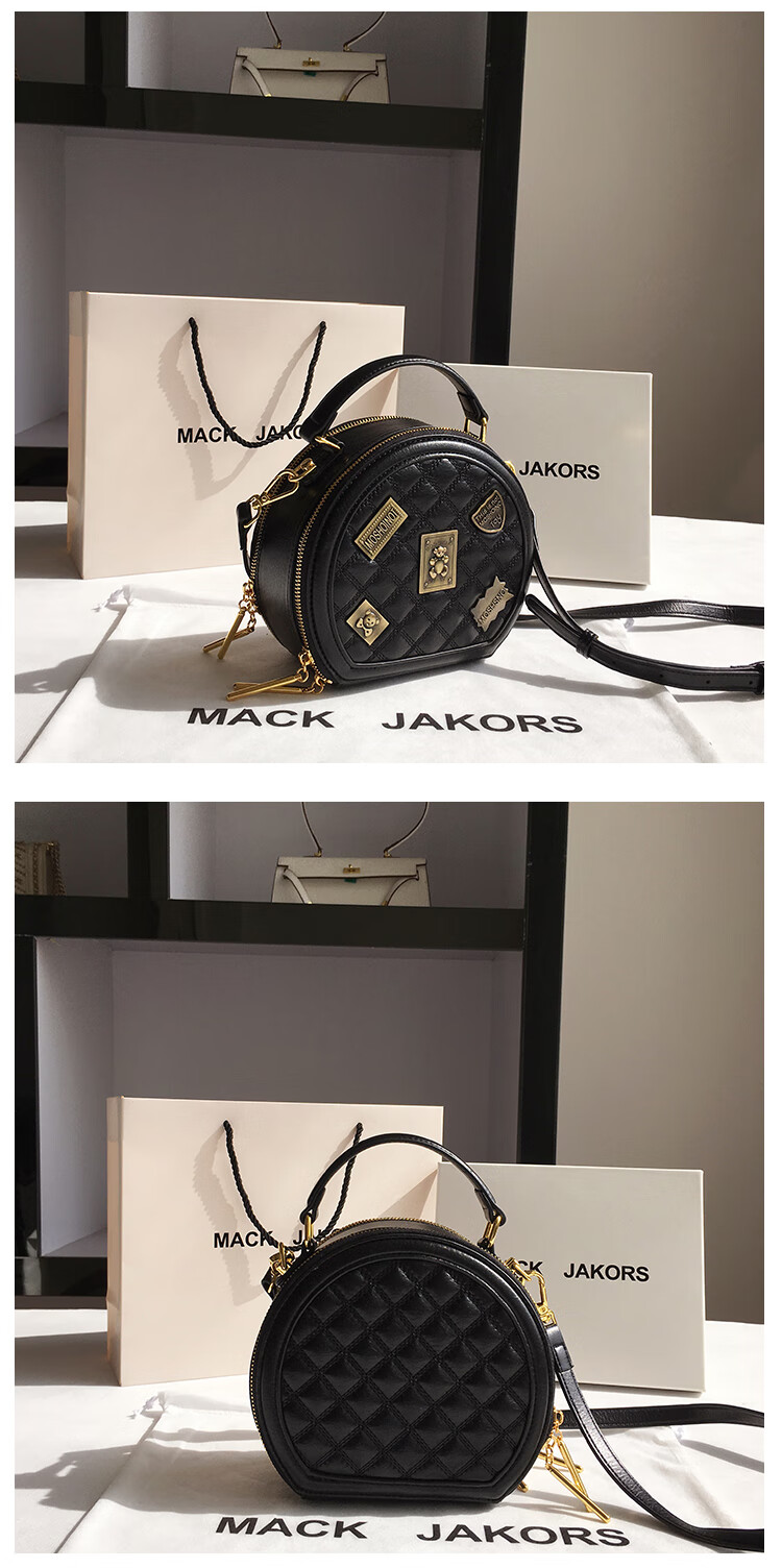 香港mackjakors真皮女包个性百搭徽章单肩斜挎包仙气小圆包潮黑色