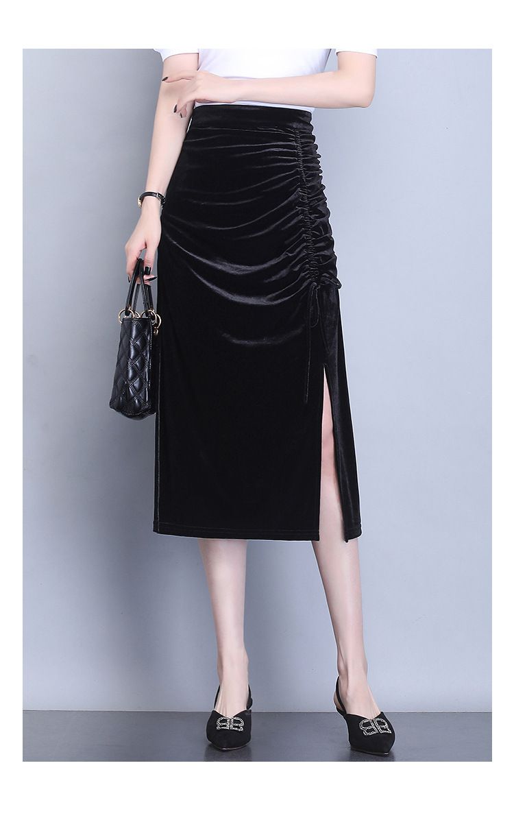 金丝绒半身裙半身裙女春秋高腰显瘦侧开叉抽褶中长款a字包裙黑色s