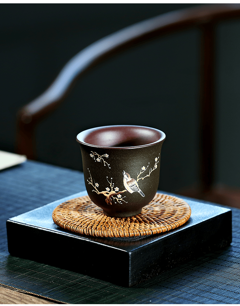 泡茶杯子大气手工品茗杯大号商务宜兴紫砂主人杯送礼原矿紫砂泥绘对杯