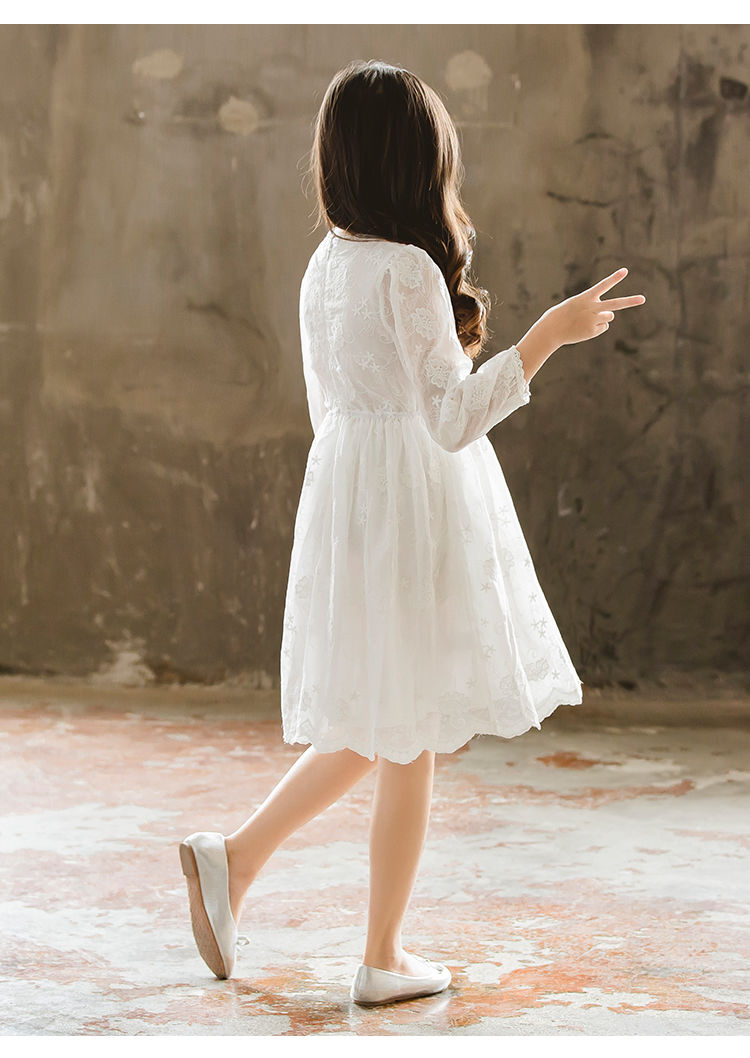 女童连衣裙秋季适合516岁秋天穿的中大童白色裙子长袖女孩蕾丝公主裙
