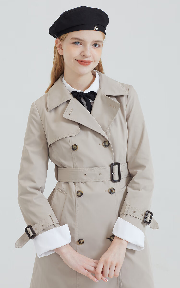 eland衣恋女装春季款时尚中长款淑女假两件时尚风衣外套女依恋 卡其色