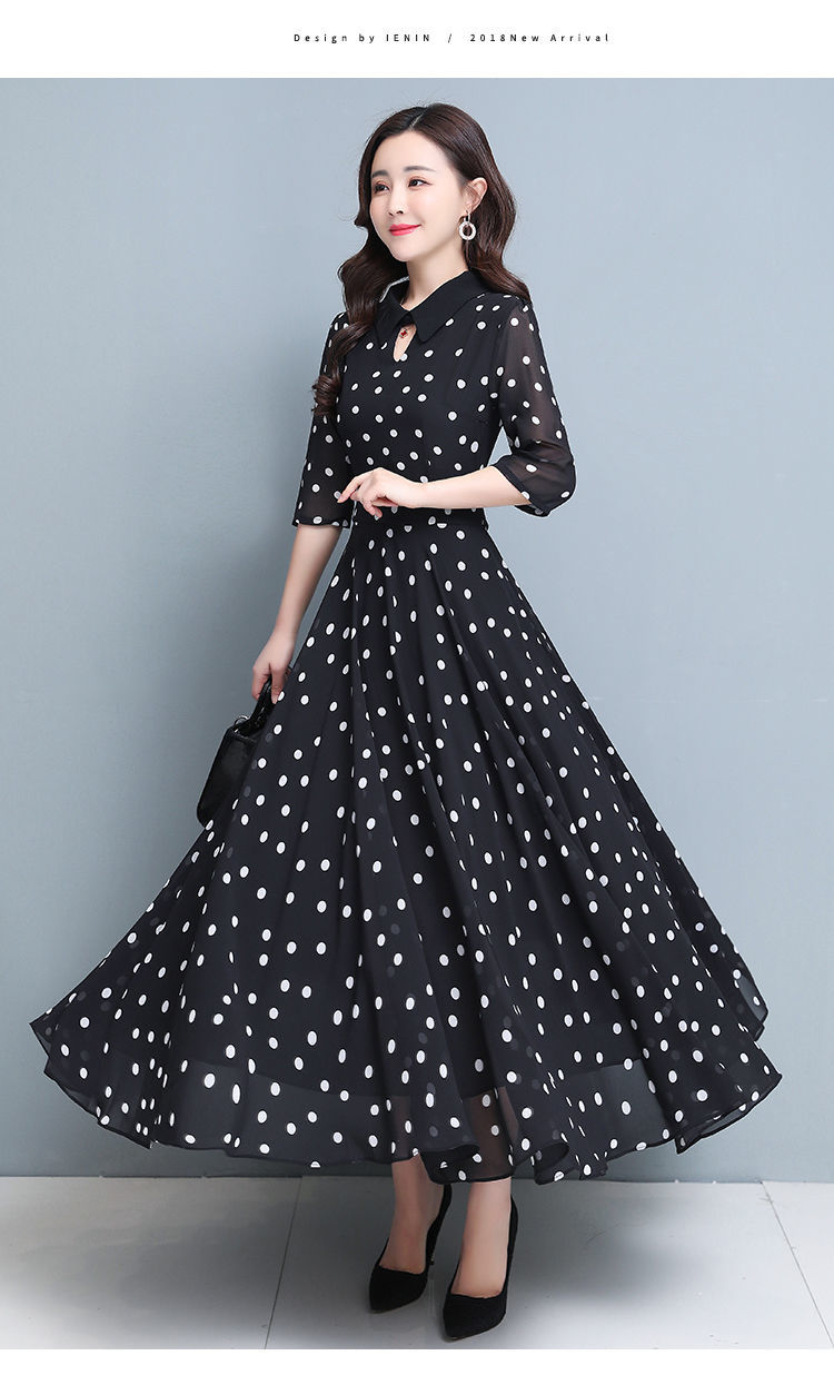 春季波点雪纺连衣裙2021新款气质收腰过膝雪纺中长裙子女愉贵妃黑色m