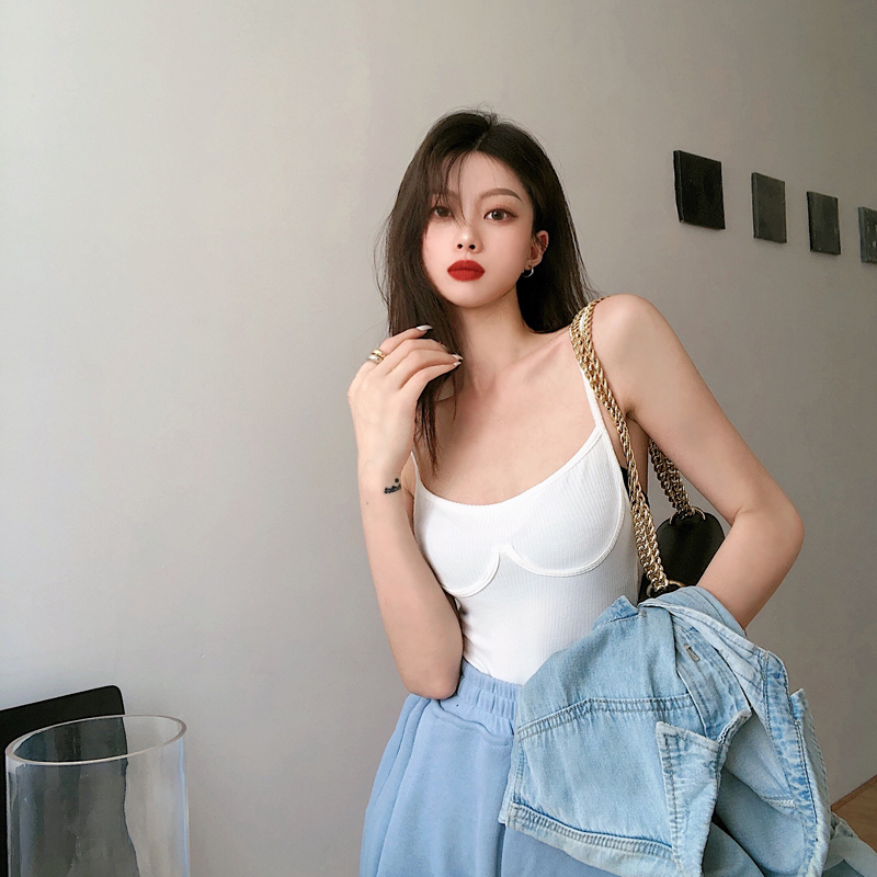 珂梵图新款欧美小心机内搭连体衣紧身修身显瘦显胸吊带背心色白色m