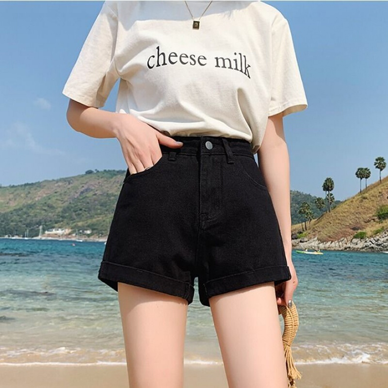 【夏季新款短裤女】牛仔短裤女夏黑色复古卷边牛仔短裤韩版高腰显瘦