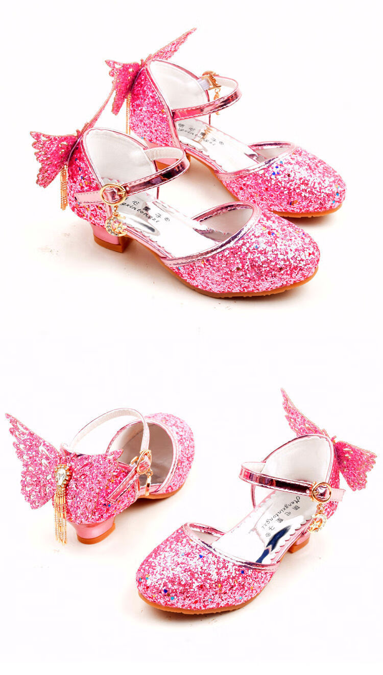 迪士尼disney女童高跟公主鞋带翅膀韩版儿童金色表演水晶鞋小女孩走秀