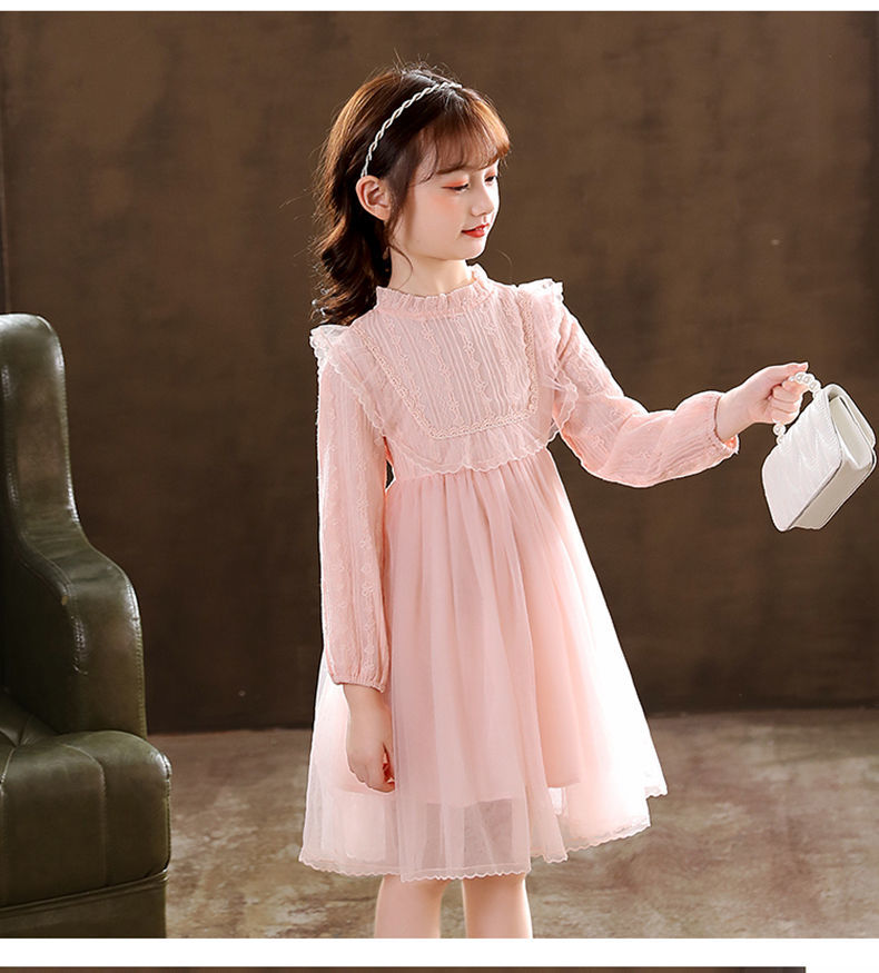 果画3-14岁小女孩穿的长袖白纱裙女童礼服裙花童公主裙蓬蓬纱儿童婚纱