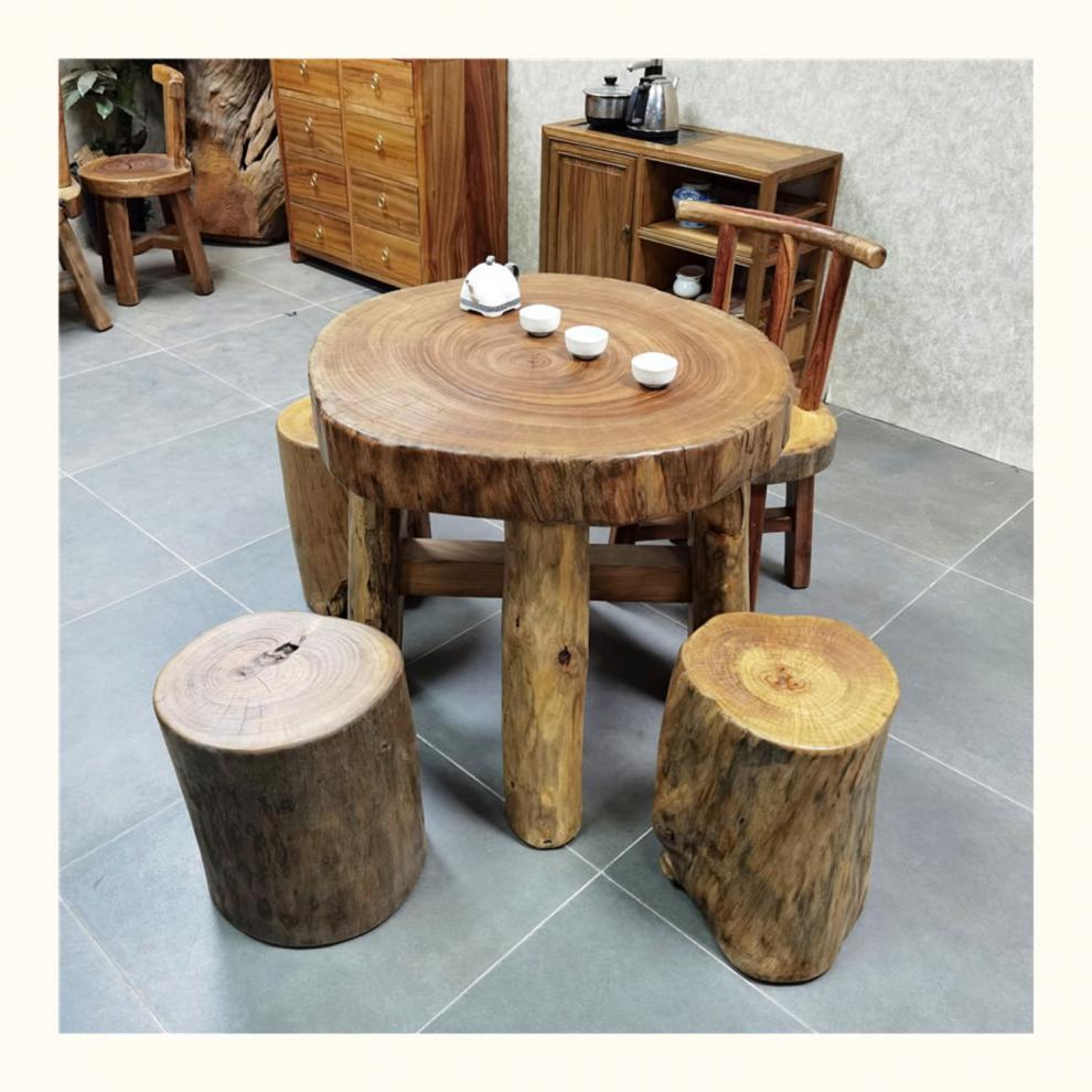 匠心攻略品牌品牌香樟木原木茶几圆型茶台庭院阳台花园