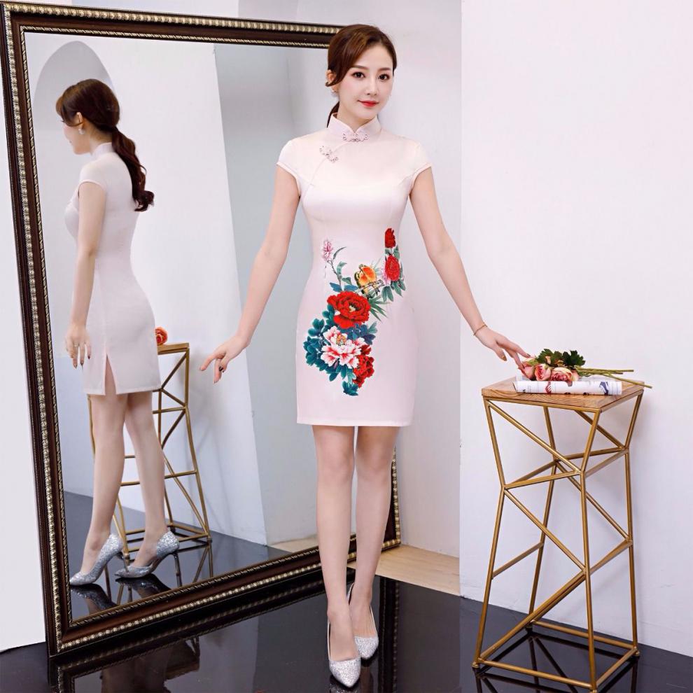 送考旗袍夏短款清凉透气丝绸少雅清新显瘦单层旗袍旗开得胜 红色 s