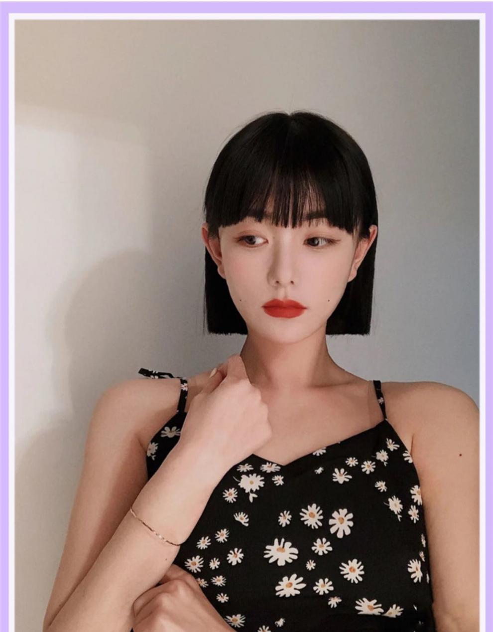 假发女短发网红修圆脸一刀切气质漫画齐刘海中长直锁骨发全头套式黑色