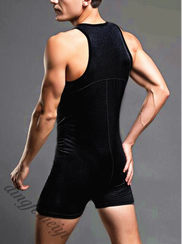 男士内衣男士棉质紧身平角连体衣运动提臀内衣健身衣黑色纽扣款xl
