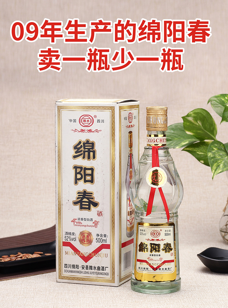2009年产绵阳春年份老酒白酒52度库存纯粮食酒收藏停产酒绵阳春六瓶装