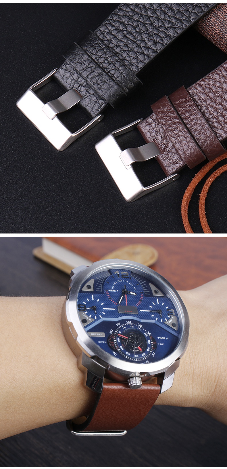 大号真皮男适配迪赛dz16577395飞克fk030038牛皮27283032mm手表带平纹