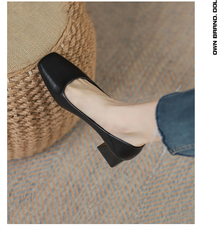 女士瓢鞋高跟软真皮法式气质方头软皮鞋职业工作鞋粗跟仙女夏季单鞋女