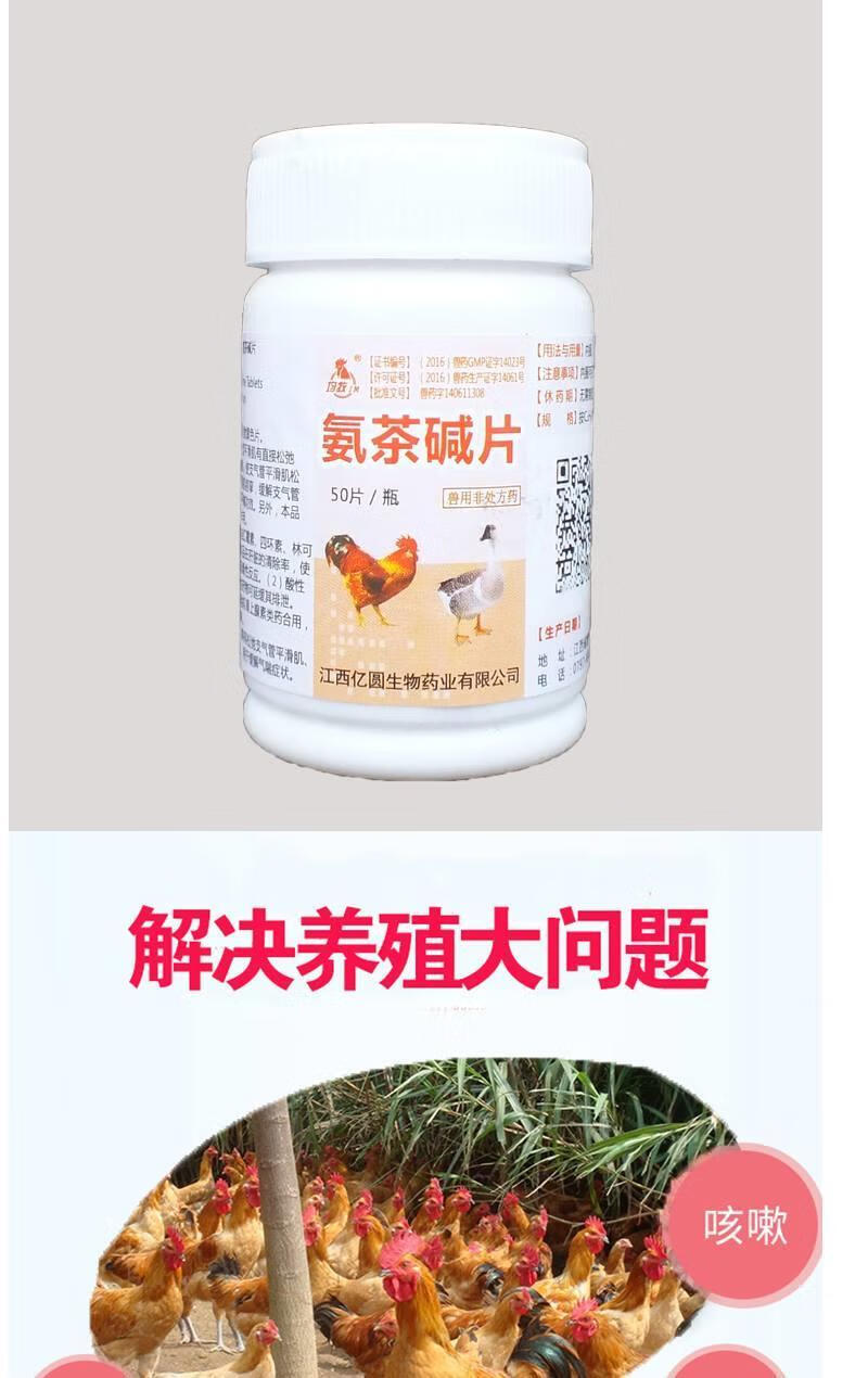 氨茶碱片兽药兽用平喘鸡鸭鹅犬猫狗咳嗽哮喘支气管炎呼吸困难 5瓶