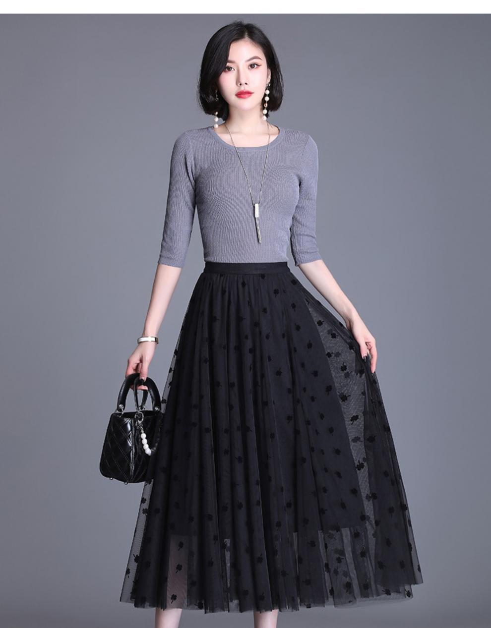 拉伦菲韵意式品牌女装黑色百褶半身裙女春秋高腰长款纱裙子2021新款