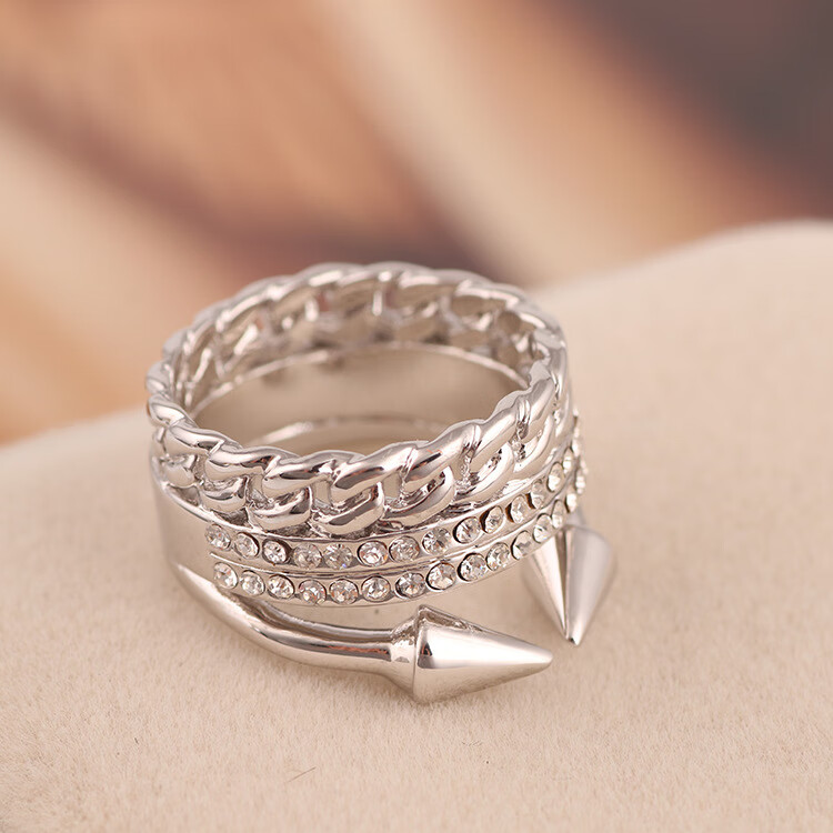 千弗工匠欧美品牌饰品 链条镶钻铆钉三圈戒指 指环女 首饰 玫瑰金7号