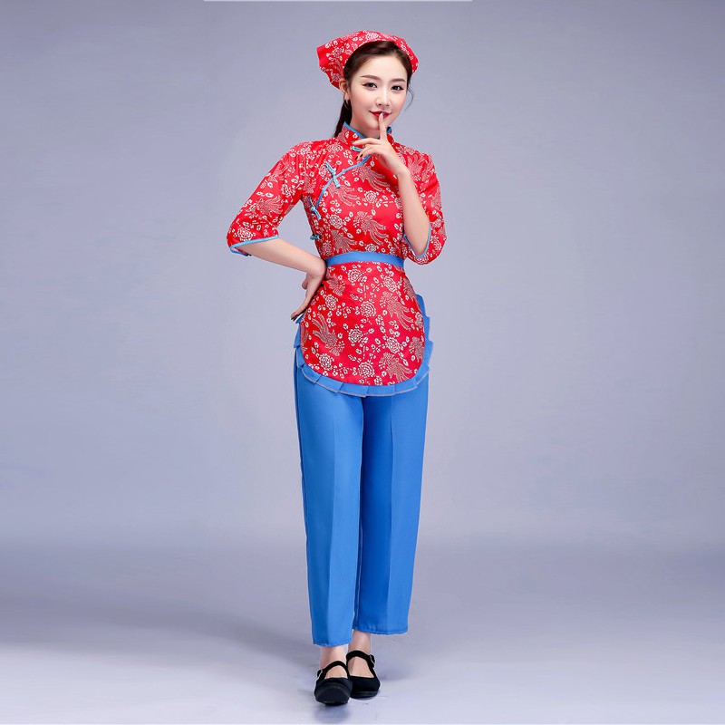 陕北民歌演出服装农民阿宝阿庆嫂村姑装秧歌舞台表演服碎花采茶女