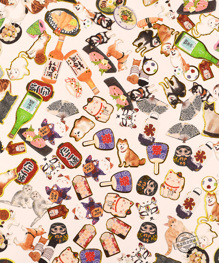 水杯贴纸无痕防水日本元素贴纸寿司秋田犬拉面猫ins网红手账帐小可爱
