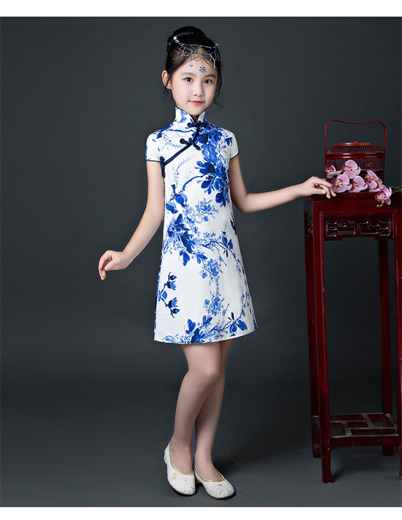 咕咕爱儿童旗袍大童中国风女童青花瓷小女孩国潮连衣裙古筝演出服夏季