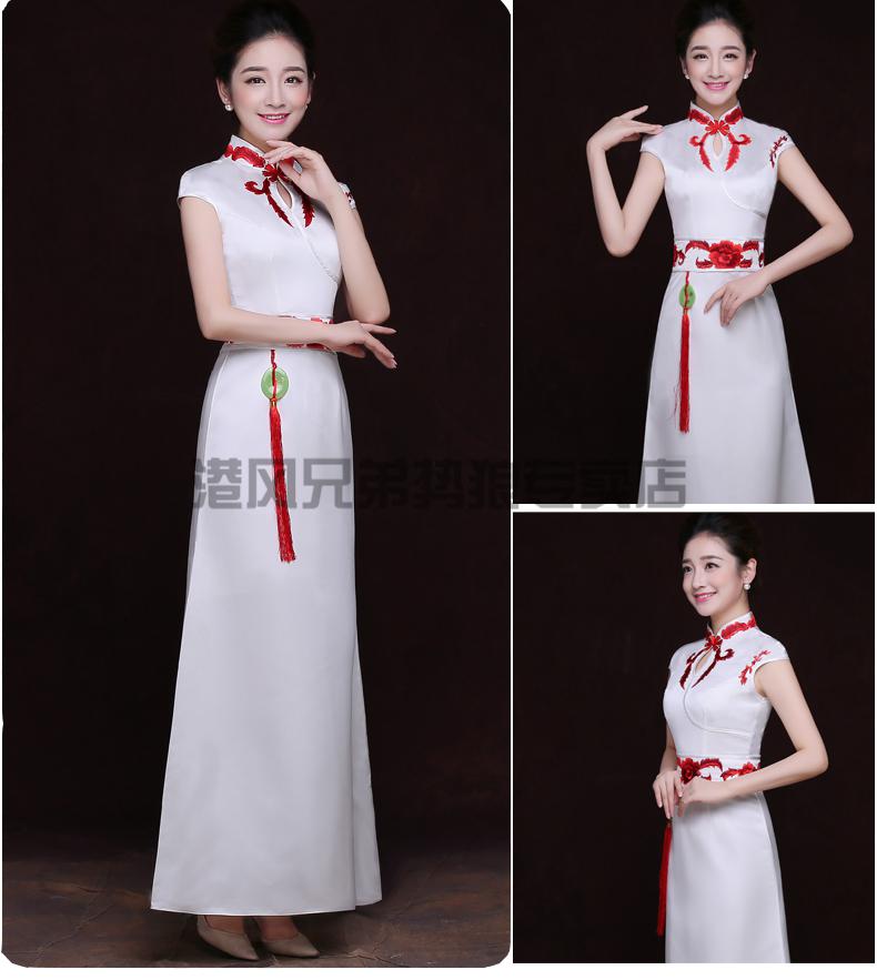 礼仪小姐迎宾服装女新款绣花礼仪旗袍长款青花瓷旗袍年会礼服礼仪迎宾