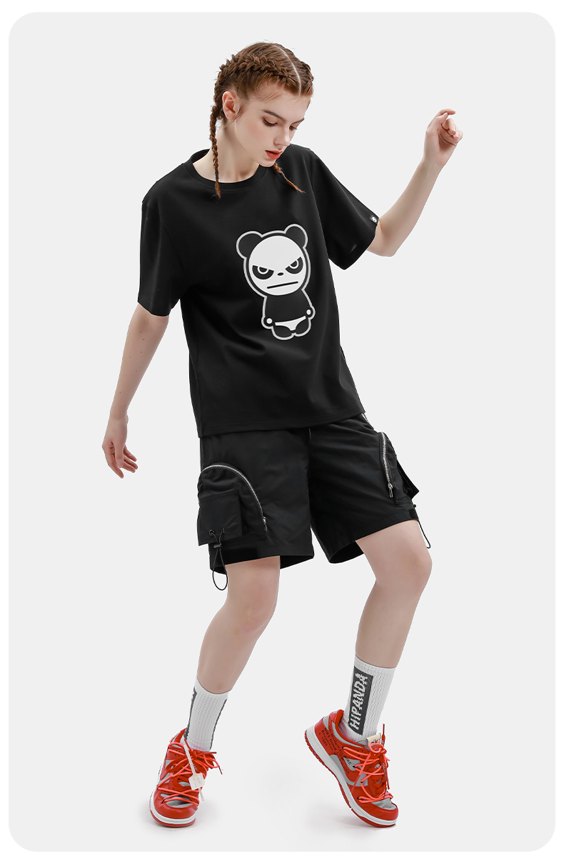 hipanda你好熊猫设计潮牌女经典植绒t恤休闲宽松短袖体恤街头潮牌