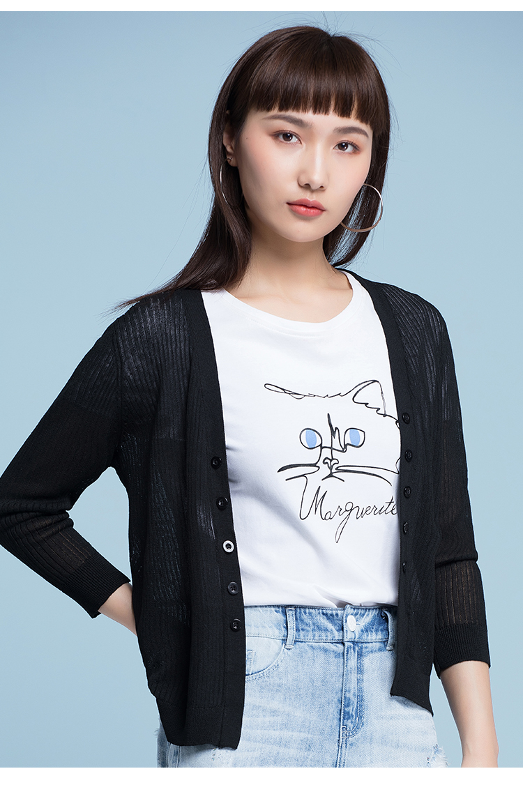 梦舒雅上衣小香风针织衫外套2019夏季宽松薄款v领长袖慵懒风开衫 黑色