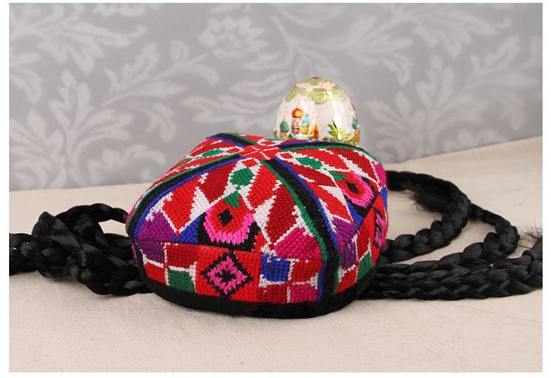 心墨染新品维吾尔族帽子新疆帽子小花帽维吾尔族帽子带辫子维族小花帽