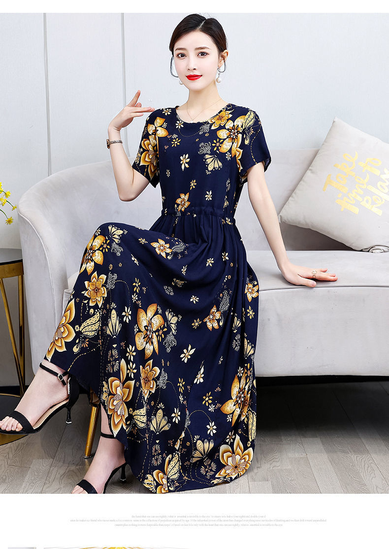 女装新款棉绸连衣裙夏装中年人造棉过膝碎花大摆裙洋气大码裙子新款