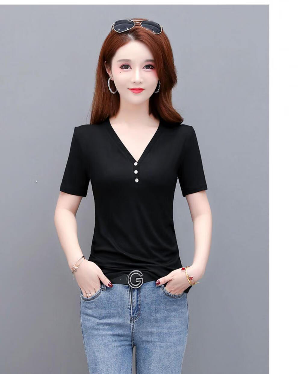 女装t恤新款夏季宽松大码冰丝莫代尔螺纹短袖t恤女纽扣v领显瘦半袖