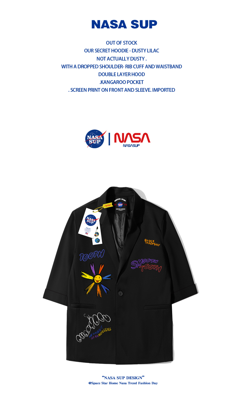 展创nasasup官网联名夏季新款笑脸小雏菊涂鸦七分袖小西服男dxf88731