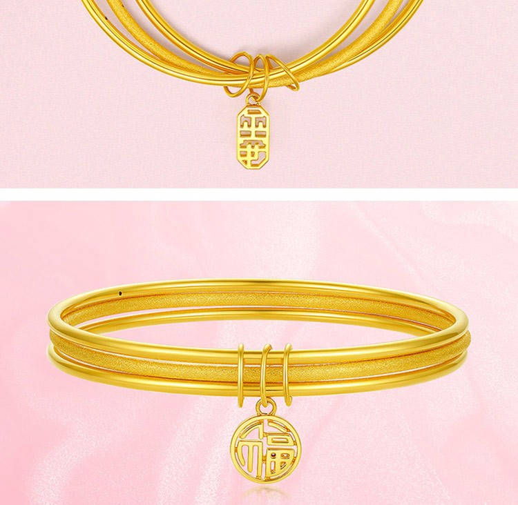 韩大福黄金手镯女足金999三生三世金手镯3d硬金三环素圈纯金镯子按克