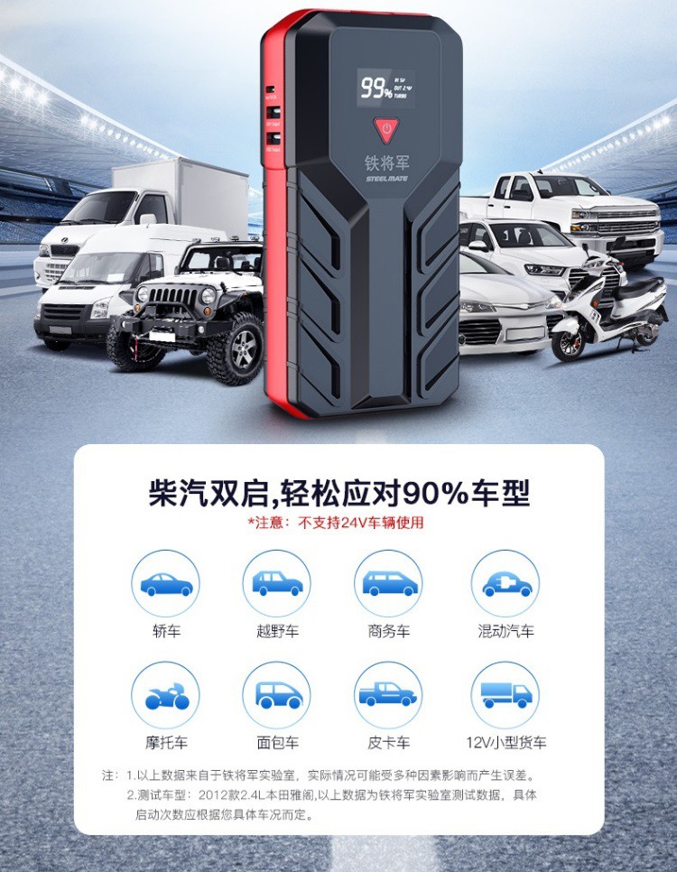 铁将军汽车载电瓶应急启动电源12v充电宝便携式打火搭电救援神器性